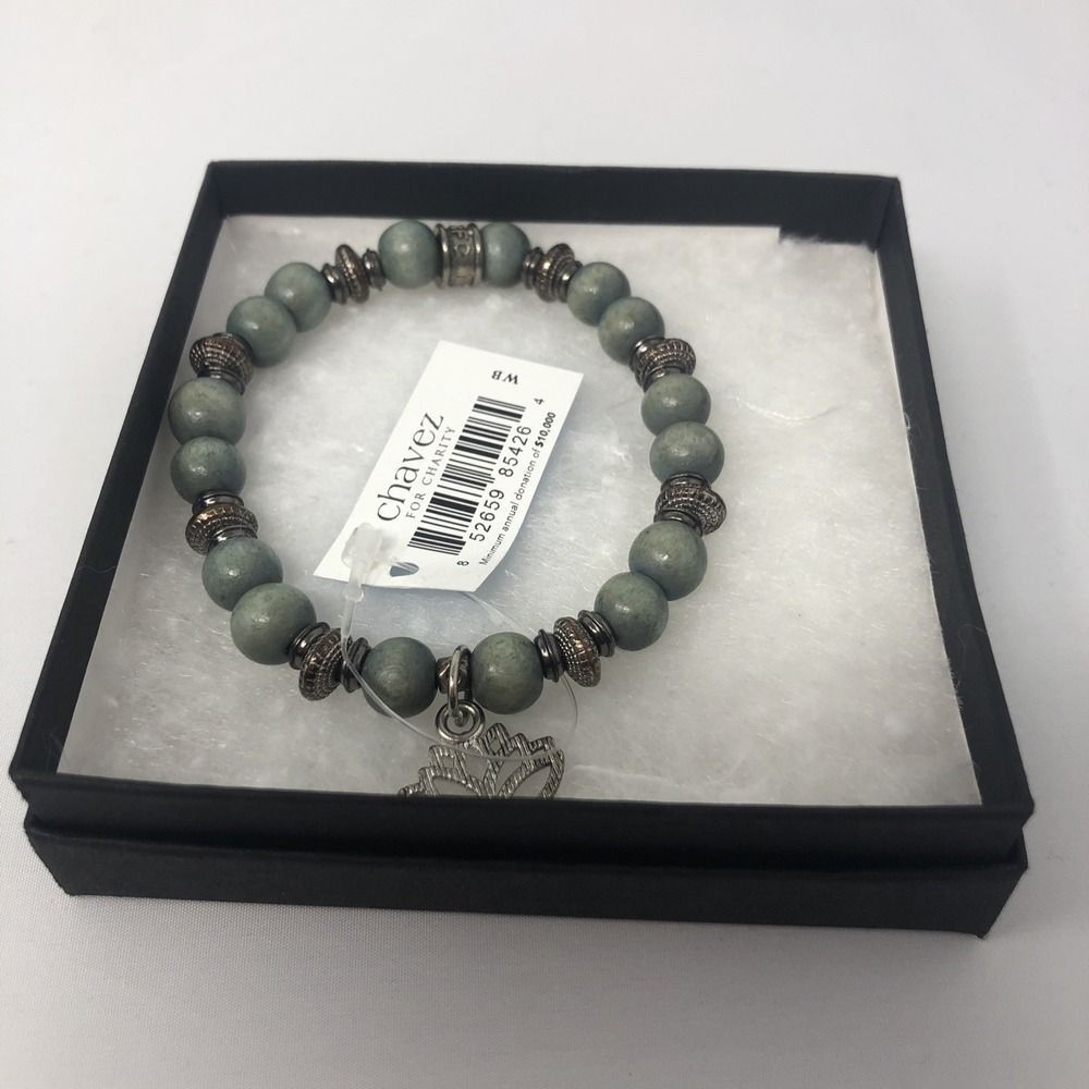 Chavez For‎ Charity Lotus Charm Beaded Bracelet Green Wood Beads With Tag